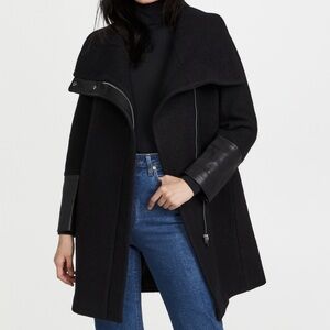Club Monaco Black Wool Coat with Leather Details | XS